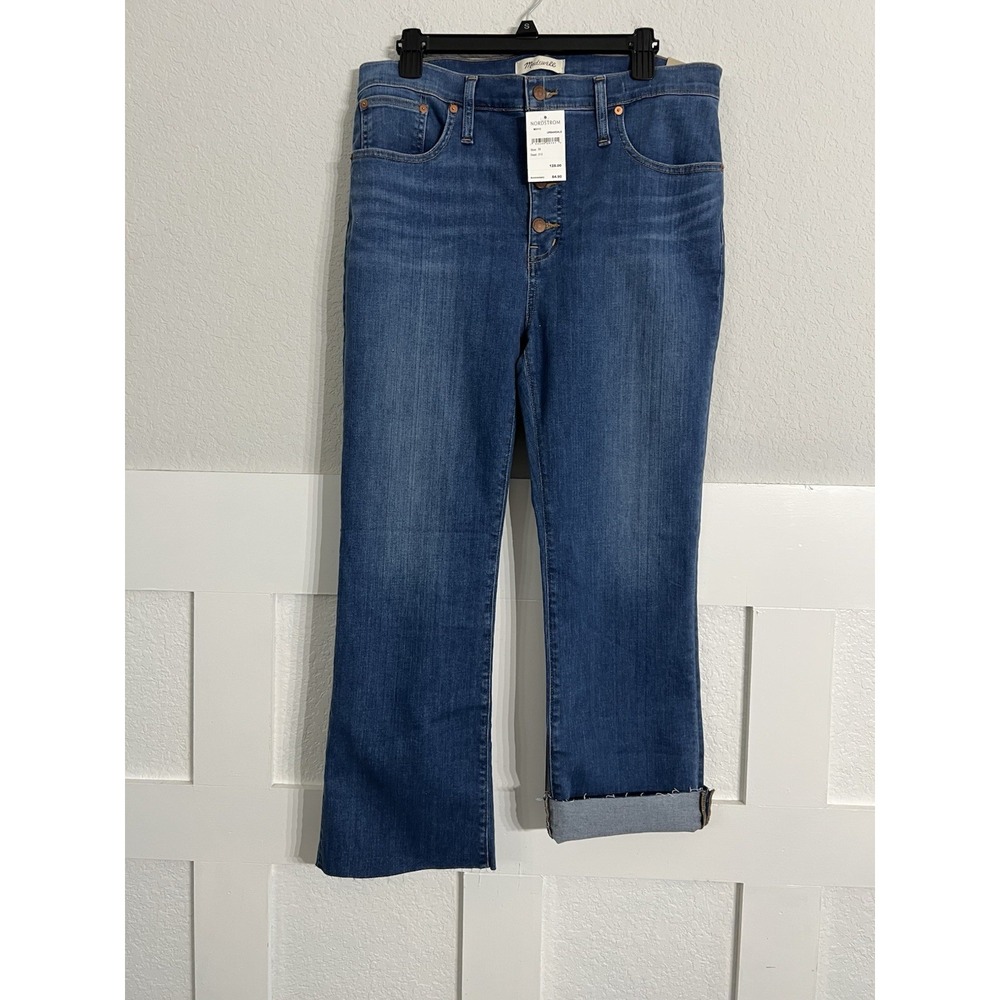 NWT Madewell Womens Cali Demi-Boot Jeans 32 Blue Denim Stretch Button Fly